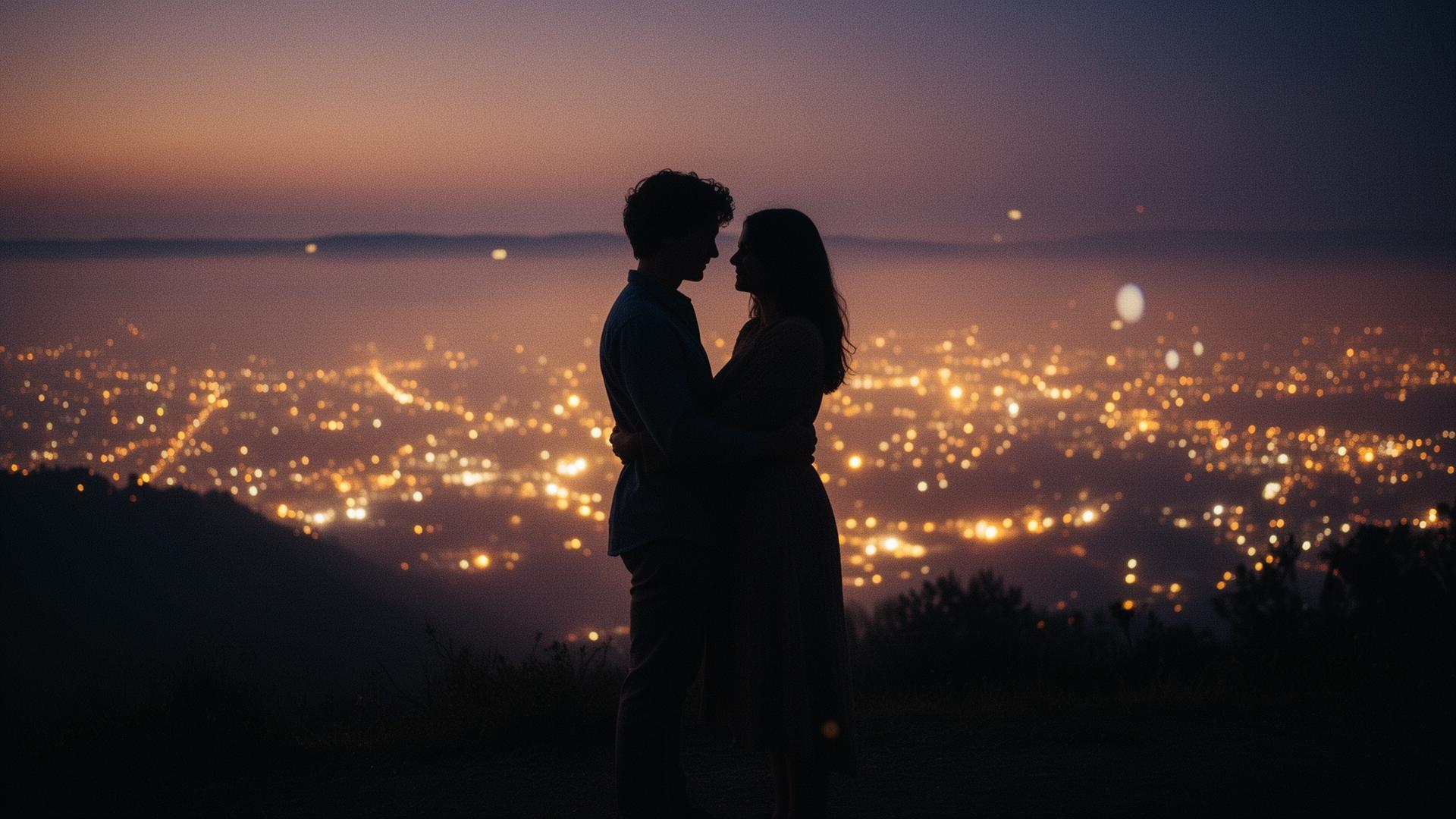 Casal cinematográfico ao pôr do sol